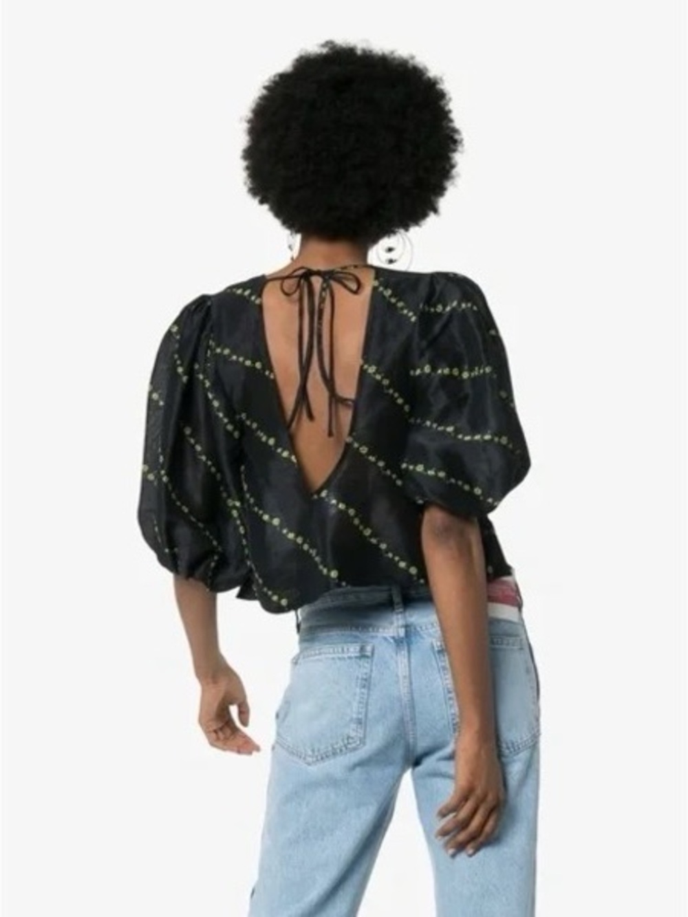 Ganni Black Puff-Sleeve Blouse with Green Floral Stripes